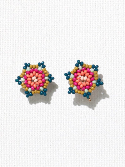 Pink Citron Peacock Seed Bead Flower Post Earrings - Rewired & Real