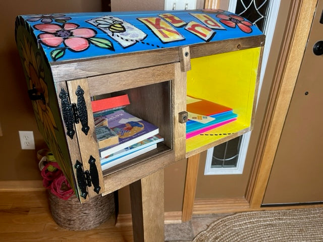 Picture: Small Treasure Box, Custom Painted in a "Bee Kind" theme - ONE OF A KIND - w/Hand Puppet (Bee), painted over Rustic Stain finish, w/Wellness Bundle shown. *Note: We recommend a lacquer coating whether box is left unfinished, stained or custom finished.