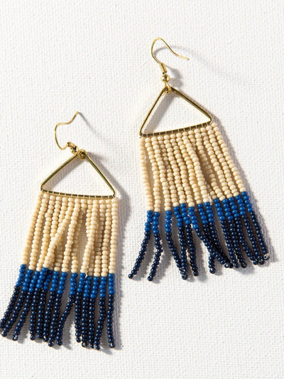Navy Lapis Ivory Color Block Fringe on Triangle Earrings - Rewired & Real