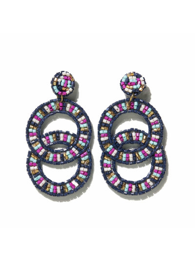 Navy Magenta Double Circle Bead Embroidered Post Earrings - Rewired & Real