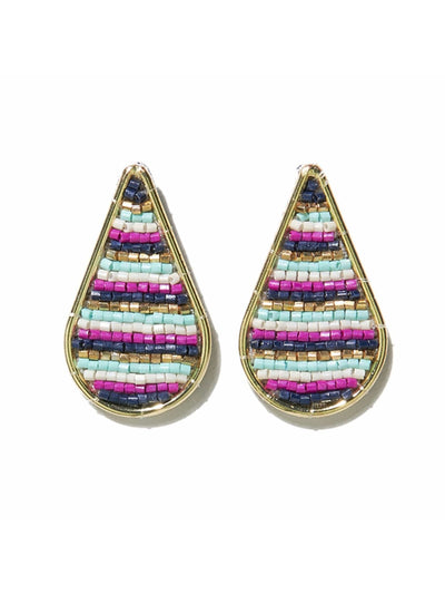 Navy Magenta Striped Bead Embroidered Drop Post Earrings - Rewired & Real