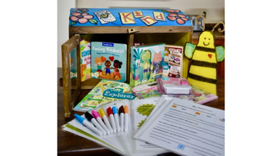 Picture: Wellness Bundle (Youth). *Note: Picture displays Small custom - ONE OF A KIND - hand-painted over Rustic Stain finished Treasure Box with Bee hand-puppet.
