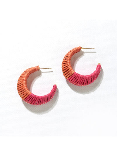 Coral Hot Pink Raffia Wrapped Hoop Earrings - Rewired & Real