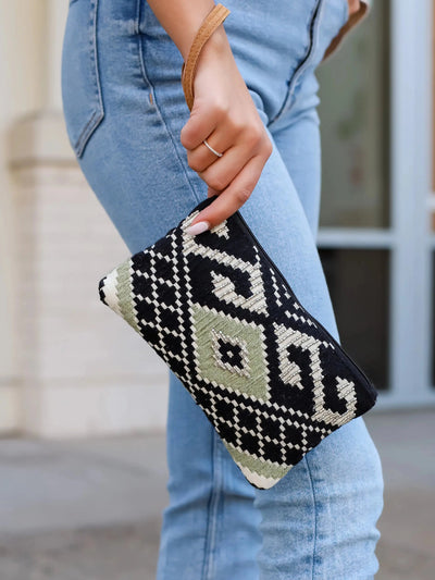 Black and Sage Beaded Aztec Wristlet - Rewired & Real