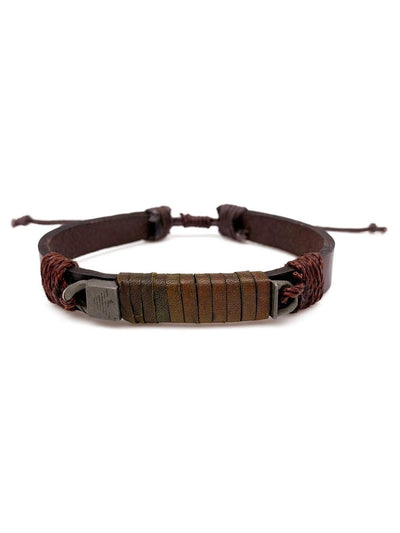 Brown Leather Wrapped Metal Pull Tie Men's Bracelet - Rewired & Real