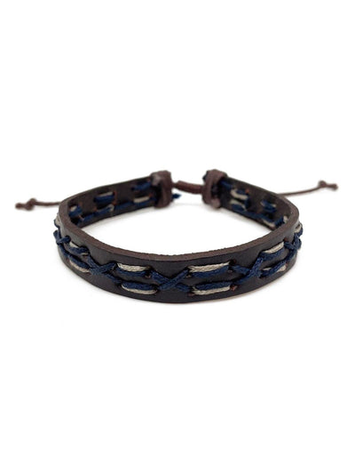 Navy and Tan on Brown Leather Pull Tie Men's Bracelet - Rewired & Real