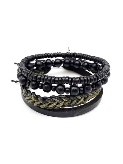 Green and Black Leather Black Beads Men's Bracelet Set - Rewired & Real