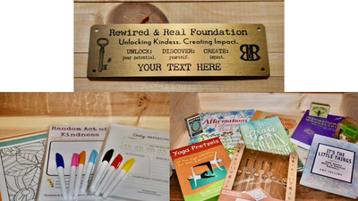 Picture: (Top) Registered Plaque sample, (Left) sample of Wellness Bundle worksheets w/dry erase markers, (Right) sample of sourced items for Wellness Bundles.